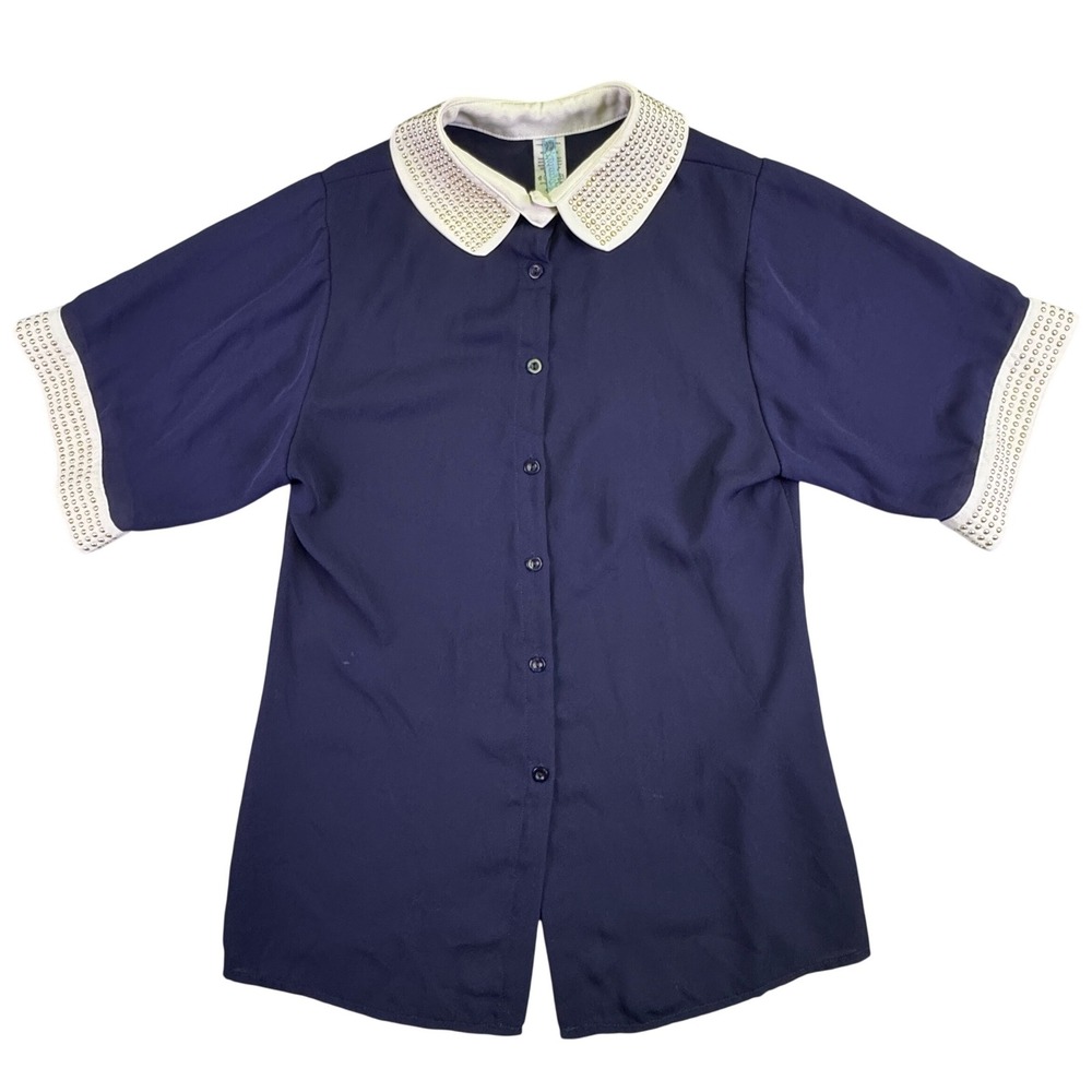 Moonlight‎ Blouse Shirt Women's Small Studded Collar Short Sleeve Button Up Blue